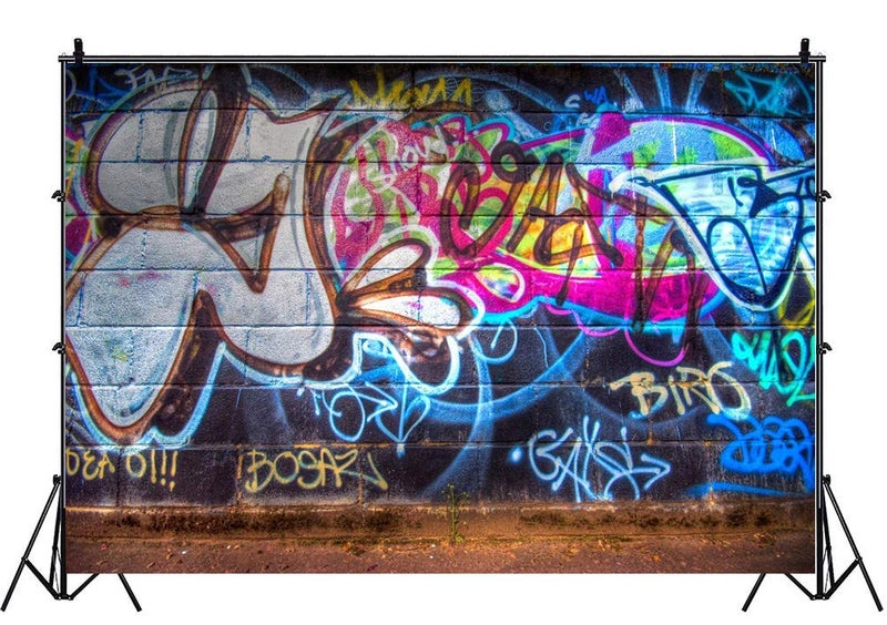 Leowefowa 7x5ft Graffiti Backdrop 80's Hip Hop Backdrops for Photography Hand Drawing Mural Painting on Brick Wall Vinyl Photo Background Boys Adults Party Room Wallpaper Studio Props - Image 3